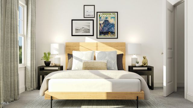 a bedroom with a bed and wall painting