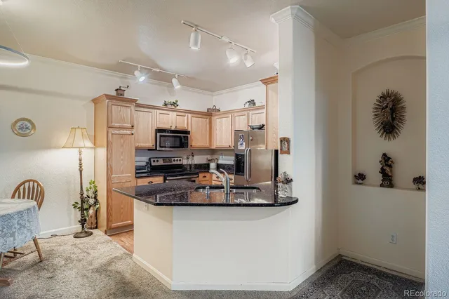 a kitchen with stainless steel appliances granite countertop a sink and a refrigerator