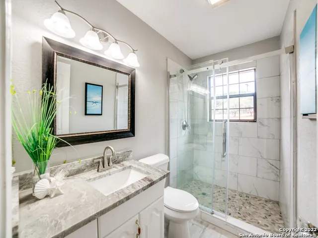 a bathroom with a granite countertop sink toilet and shower