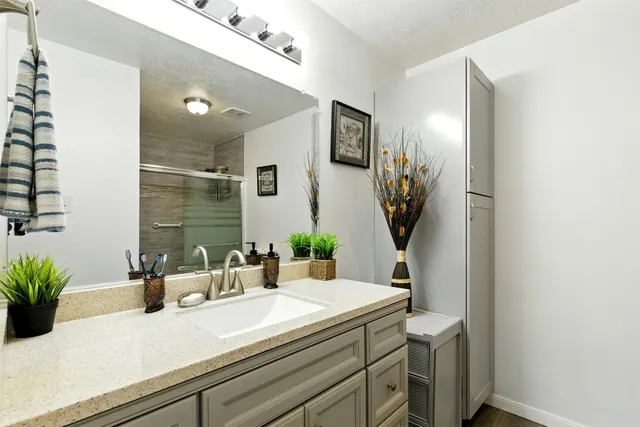 a bathroom with a sink a mirror and potted plant