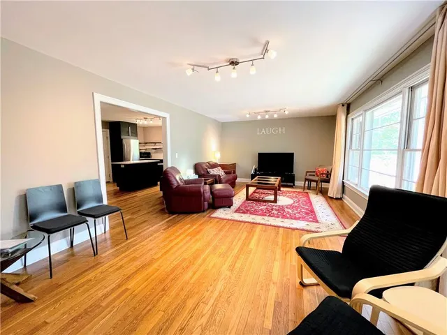 a view of a dining room with furniture