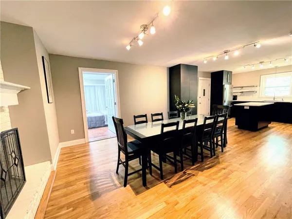 a view of a dining room with furniture