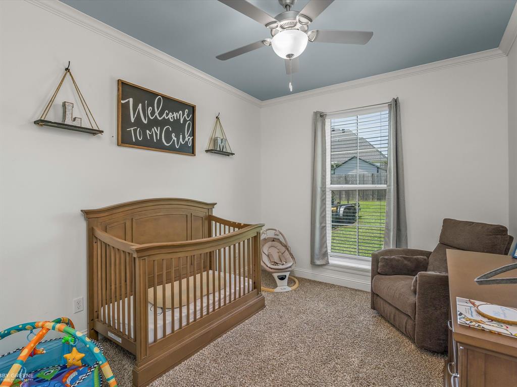690 Lessie Drive Stonewall, LA 71078 - Photo 23 of 29 Carpeted room with a blue accent ceiling, crown molding, and a ceiling fan with integrated lighting
