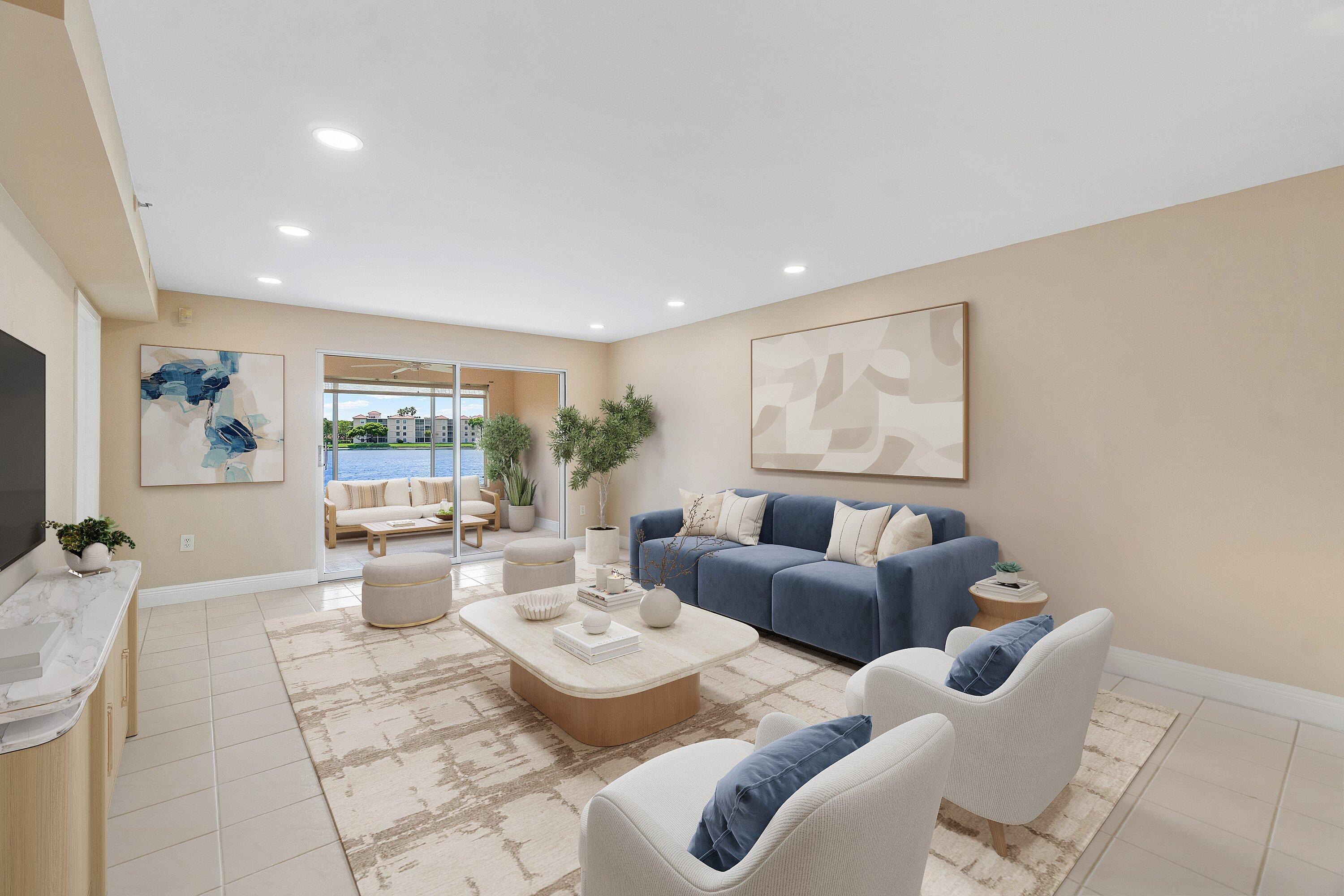 14096 Huntington Pointe Drive, Unit 106 Delray Beach, FL 33484 - Photo 5 of 47 a living room with furniture and a large window