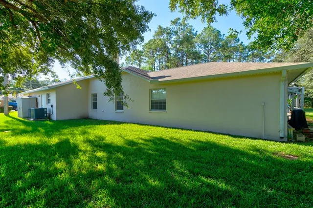 a backyard of a house with plants and large tree