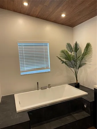 a bathroom with a sink a mirror and a potted plant