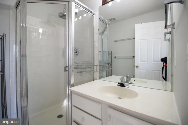 a bathroom with a sink shower and a mirror