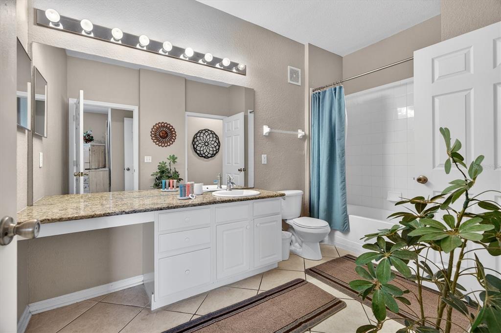 7664 Comrow Street, Unit 304 Kissimmee, FL 34747 - Photo 22 of 42 a bathroom with a granite countertop sink a mirror and a potted plant