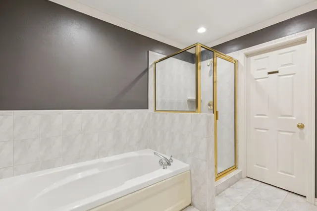 a bathroom with a bathtub and a shower