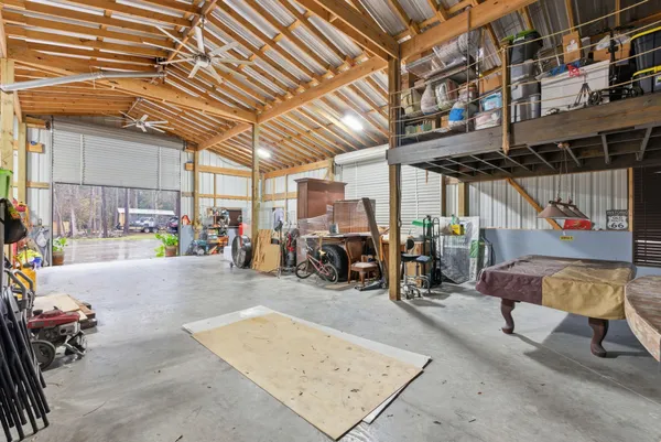 a view of a garage with storage