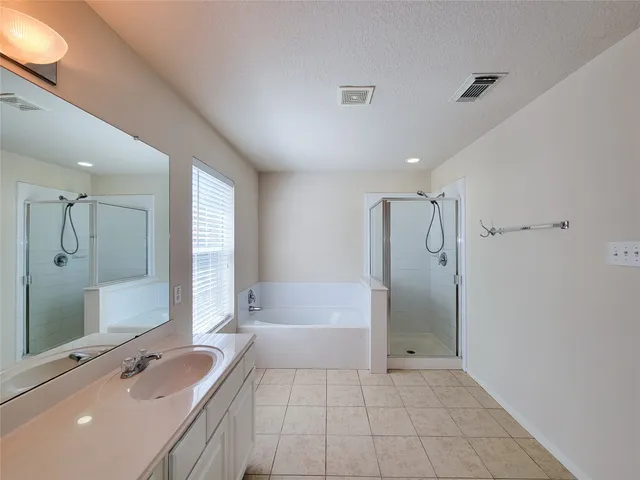 a bathroom with a bath tub a shower and vanity