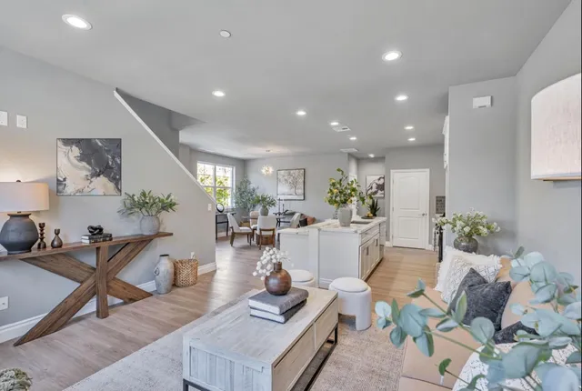 a living room with furniture and a potted plant