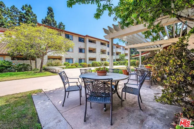 a view of a yard with plants and a fountain