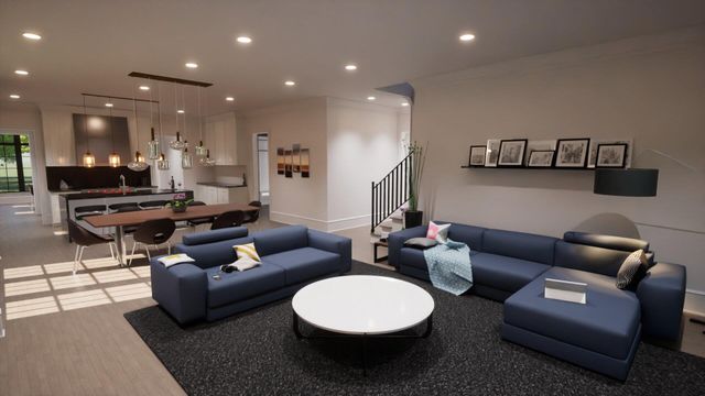 a living room with furniture and a pool table