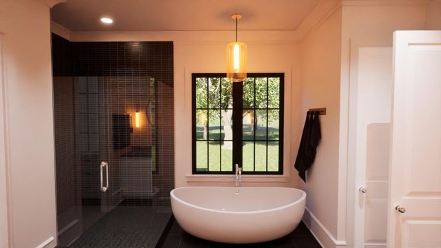 a bathroom with a bathtub and shower