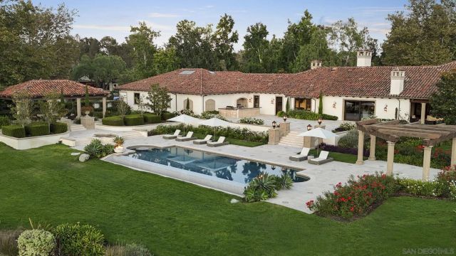 a view of a park with large trees