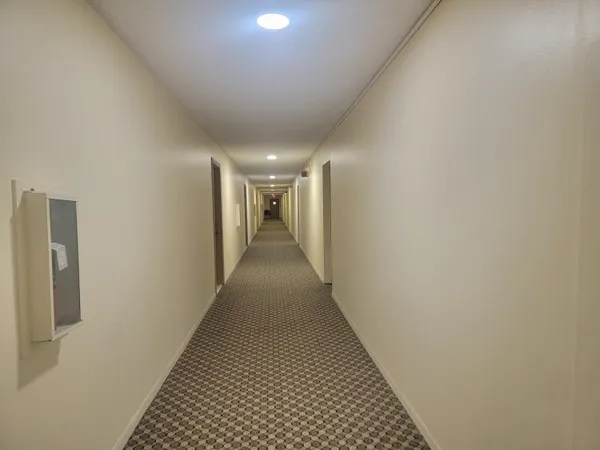 a view of a hallway with wooden floor