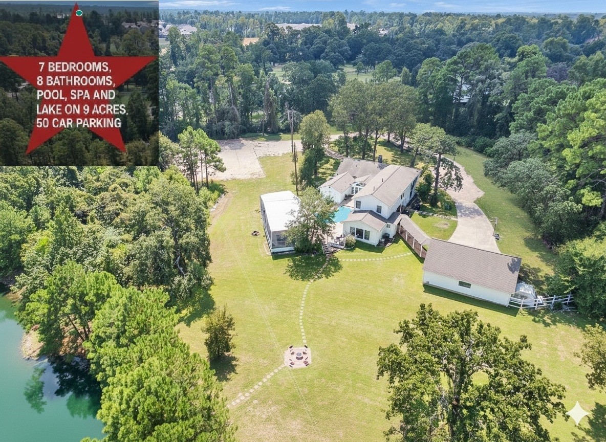  A sprawling, two-story, brick-and-stone estate home sits at the end of a long, private driveway on 9 acres of lush, wooded land in Magnolia, Texas. Mature trees frame the property, highlighting its seclusion. The grand scale of the home, with its manicured lawn and expansive façade, visually communicates its 4,400 square feet, 7 bedrooms, and 8 bathrooms. The peaceful, sunny scene conveys the property's purpose as a fully furnished retreat and versatile venue for events, corporate functions, or families.