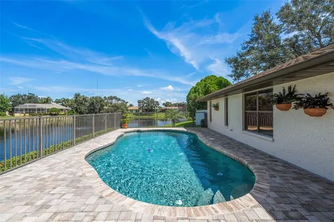 a view of a swimming pool with a lake