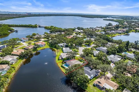 an aerial view of city and lake with trees