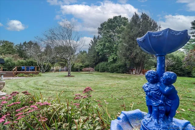 a view of a garden with a fountain