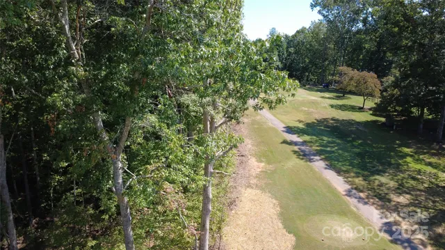 a view of a lake with large trees