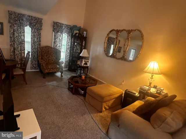 a living room with furniture and a lamp