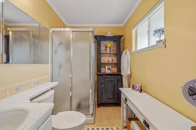 a bathroom with a sink toilet vanity and shower