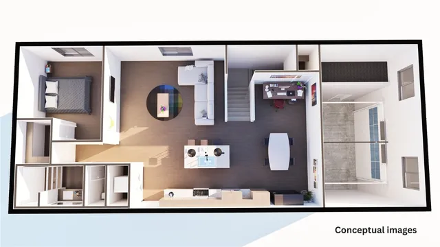 a kitchen with stainless steel appliances kitchen island granite countertop a dining table chairs and a refrigerator