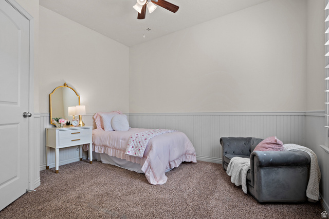 927 Iris Lane Mapleton, UT 84664 - Photo 20 of 31 Textured carpeting, wainscoting, ceiling fan, and a solid interior door with a silver-tone knob