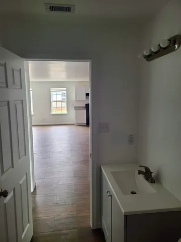 a bathroom with a sink and a mirror