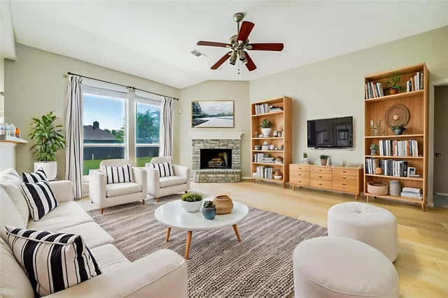 a living room with furniture fireplace and a flat screen tv