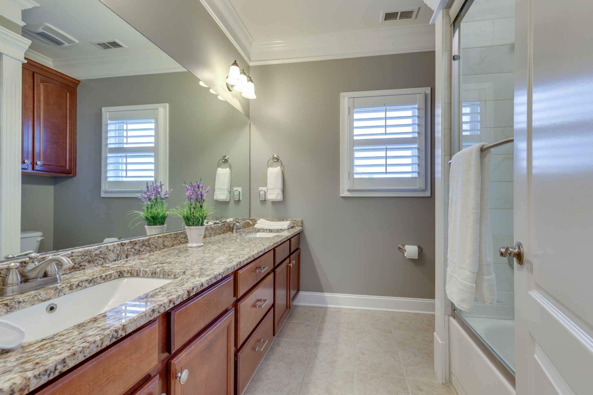 1052 Fitzroy Circle Spring Hill, TN 37174 - Photo 25 of 44 a bathroom with a granite countertop sink a mirror and a shower