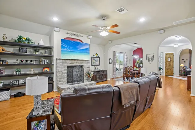 a living room with fireplace furniture and a flat screen tv
