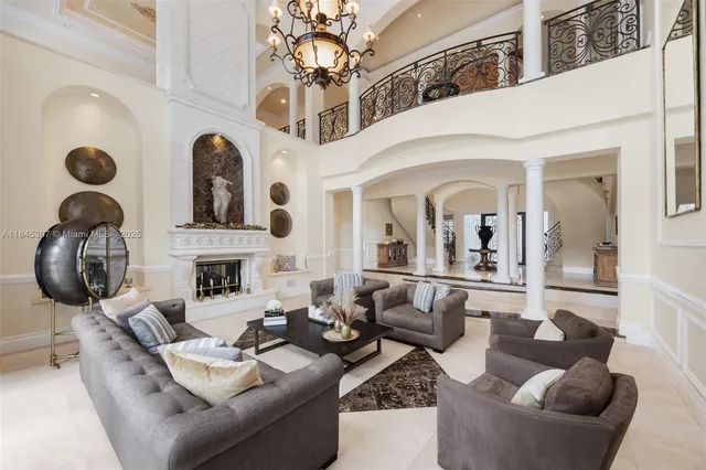 a bedroom with a bed and a fireplace