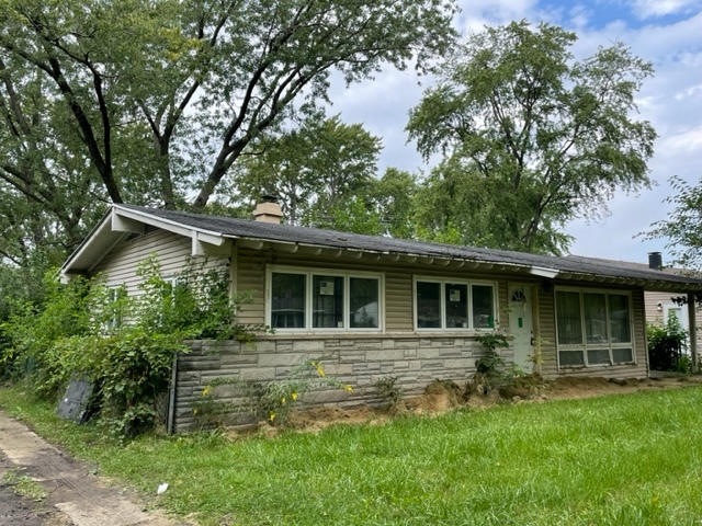 a backyard of a house with table and chairs potted plants and large tree