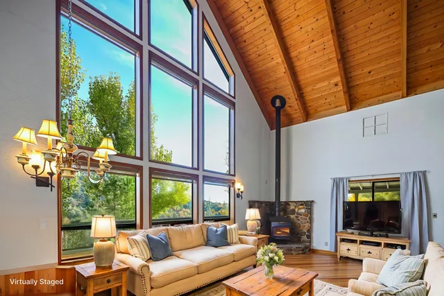 a living room with a fireplace