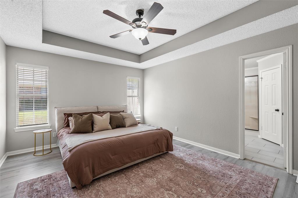 112 Briar Ridge Drive Hewitt, TX 76643 - Photo 7 of 15 Bedroom featuring a tray ceiling with a ceiling fan, two windows with blinds, wood-finish flooring, and light-colored walls