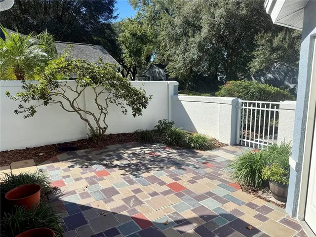 a view of a yard with plants and wooden fence
