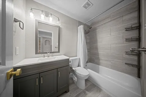 a bathroom with a toilet a sink a mirror a bathtub and shower