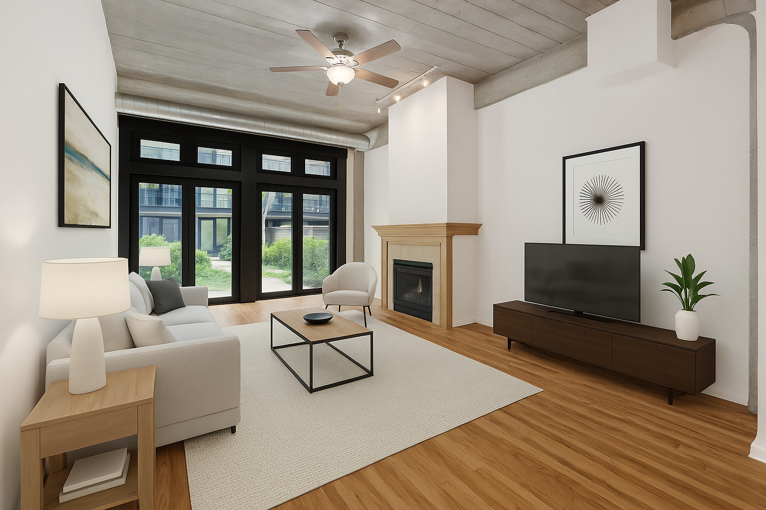 1070 West 15th Street, Unit 112 Chicago, IL 60608 - Photo 2 of 29 a living room with furniture and a fireplace