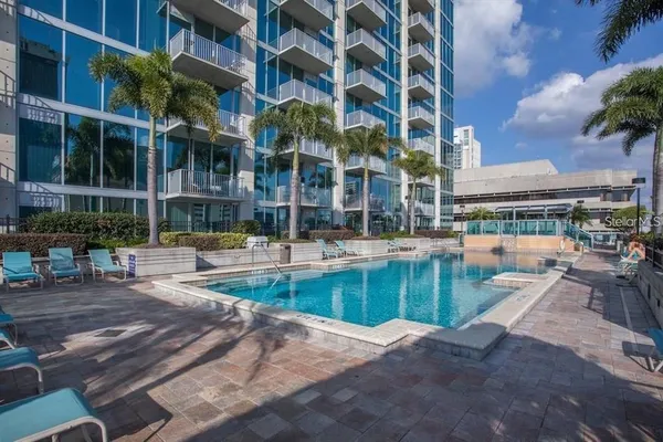 a view of a building with a swimming pool