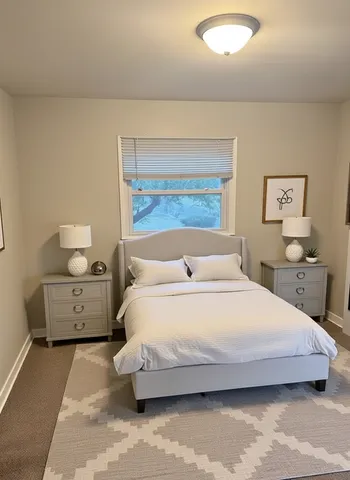 a spacious bedroom with a bed and lamp