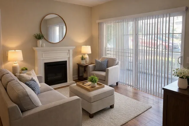 a living room with furniture and a fireplace