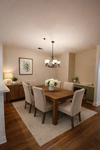 a view of a dining room with furniture and wooden floor