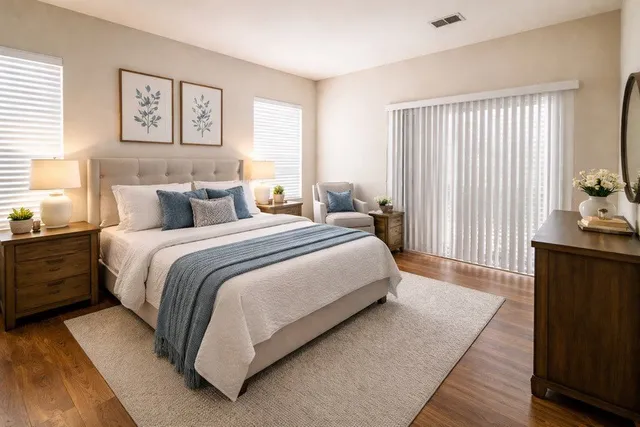 a spacious bedroom with a bed and a window