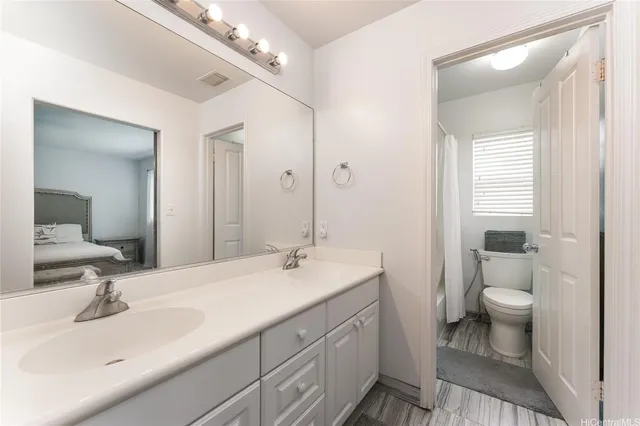 a bathroom with a sink a toilet and a mirror