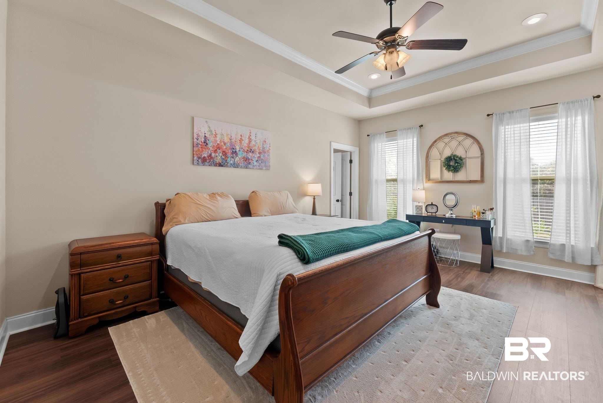 7015 Rocky Rd Loop Gulf Shores, AL 36542 - Photo 26 of 41 Bedroom featuring ornamental molding, wood finished floors, ceiling fan, and recessed lighting