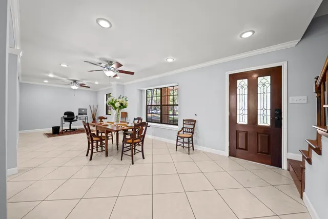 a view of a dining room with furniture