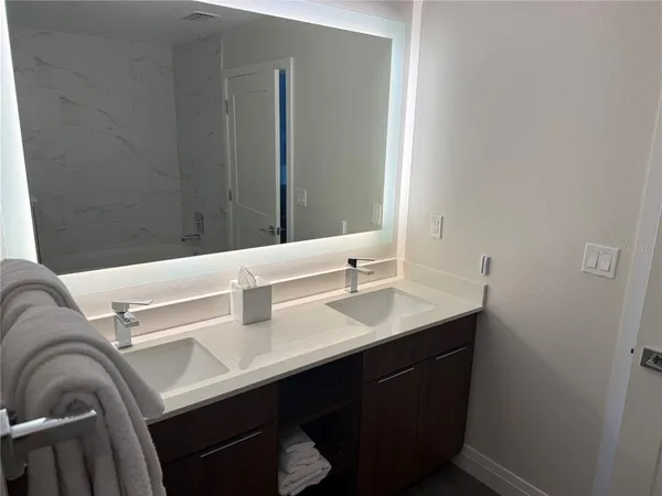 a bathroom with a sink and a mirror